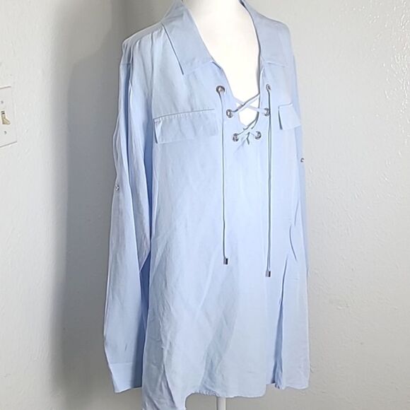 Calvin Klein Light Blue Longsleeve Top with Lace-up Front, Size 2X - Picture 3 of 10